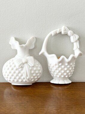 Set of 2 Vintage HOMCO Hobnail Wall Pockets White Plastic Basket Vase Made USA